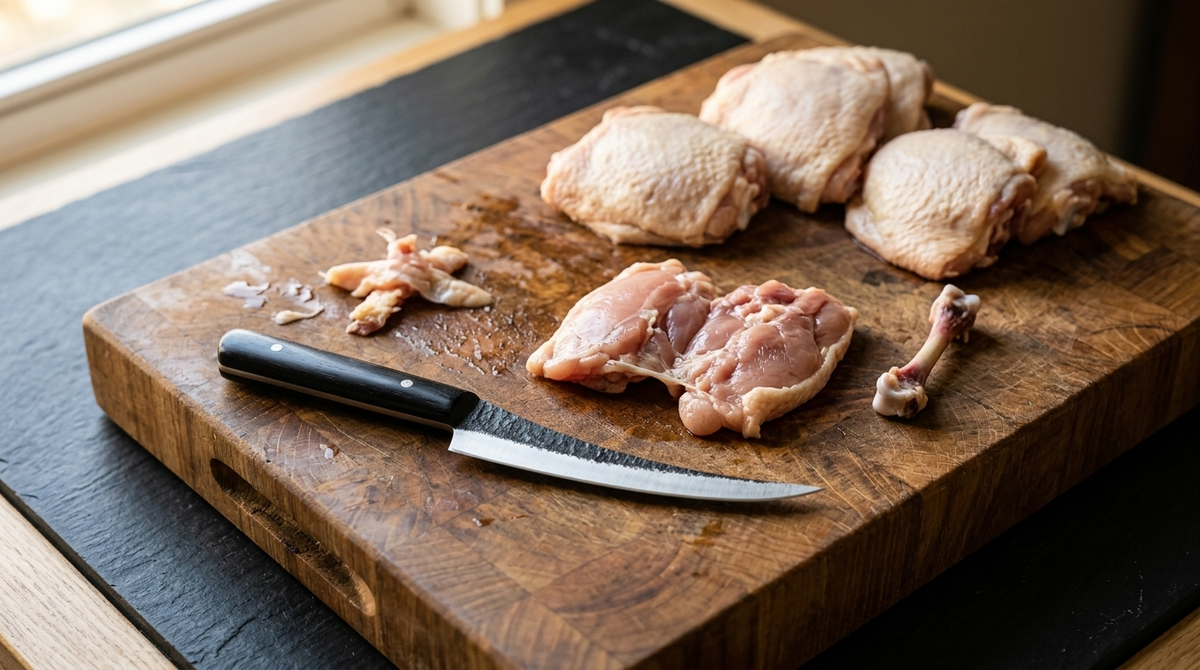 Mako hand forged boning knife on a board with raw chicken thighs and one deboned thigh