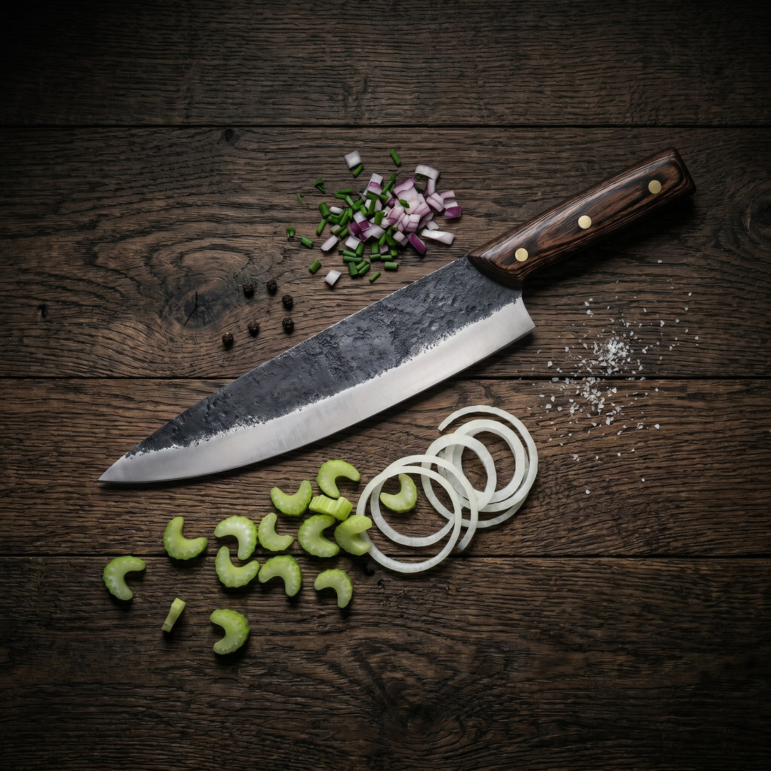 Ironclad chef knife with long high carbon steel blade, alternate side view