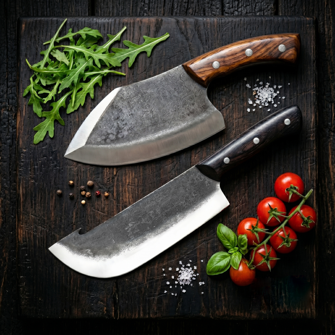 Kodiak hand forged butcher cleaver with rosewood handle, lifestyle view for meat prep