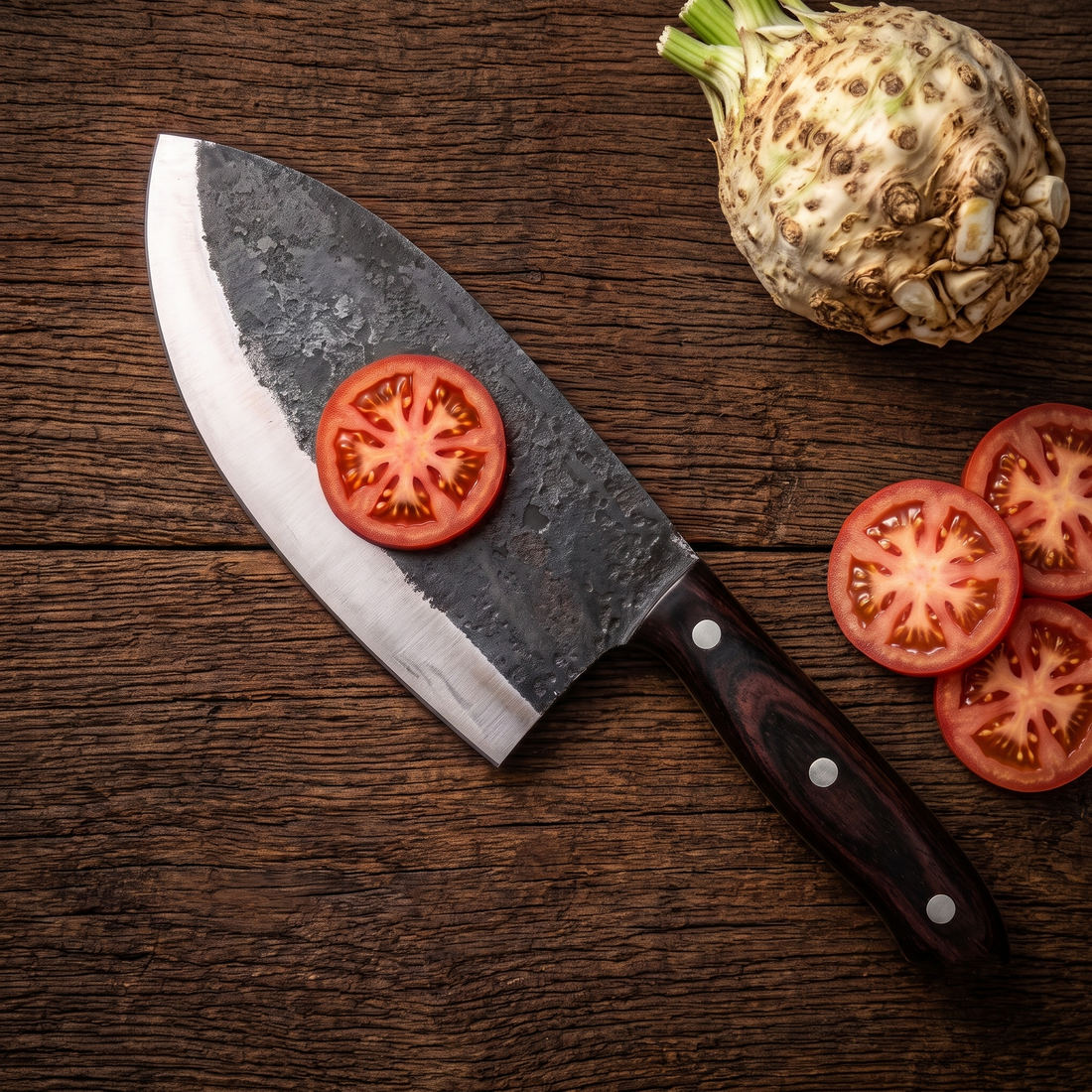 7.5 inch hand forged butcher cleaver showing the polished edge and forge scale
