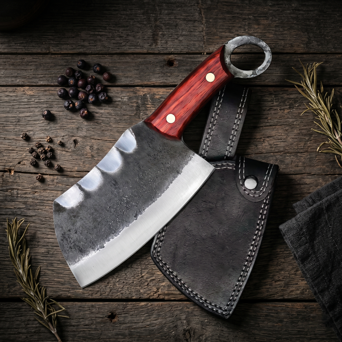 Warthog 6 inch cleaver with raw forge scale and polished edge, side view