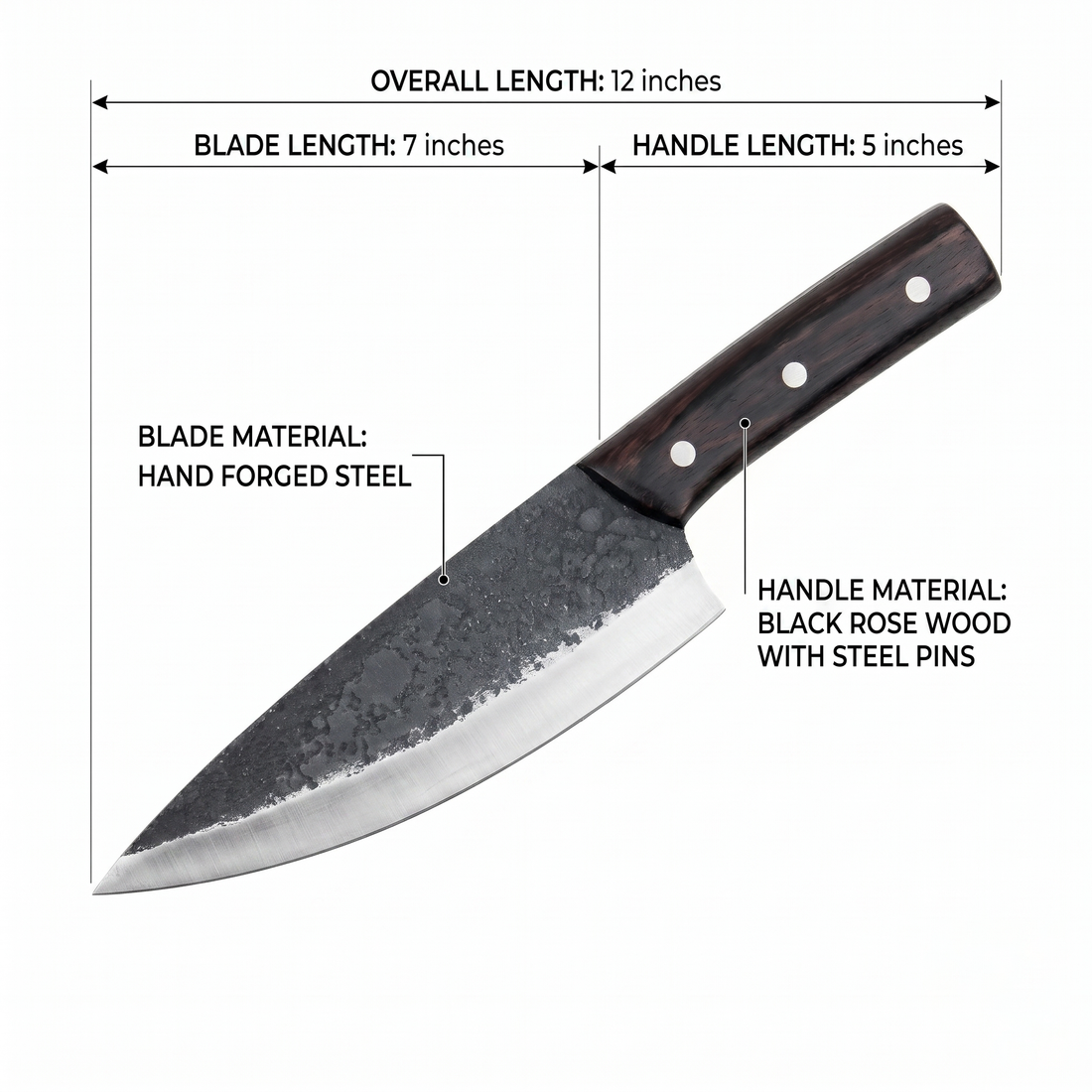 Orca chef knife measurement graphic, 7 inch blade and 12 inch overall length