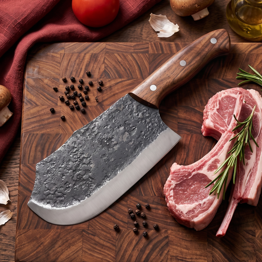 Rhino hand forged cleaver knife shown with ribeye steak, dark forge scale blade