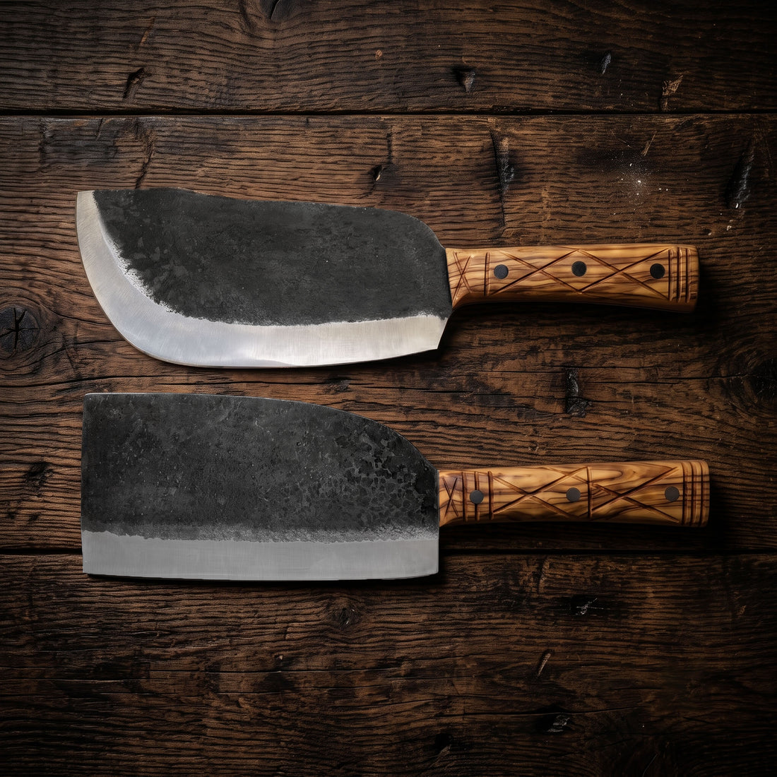 Grizzly hand forged butcher cleaver shown in a group of cleavers for boning