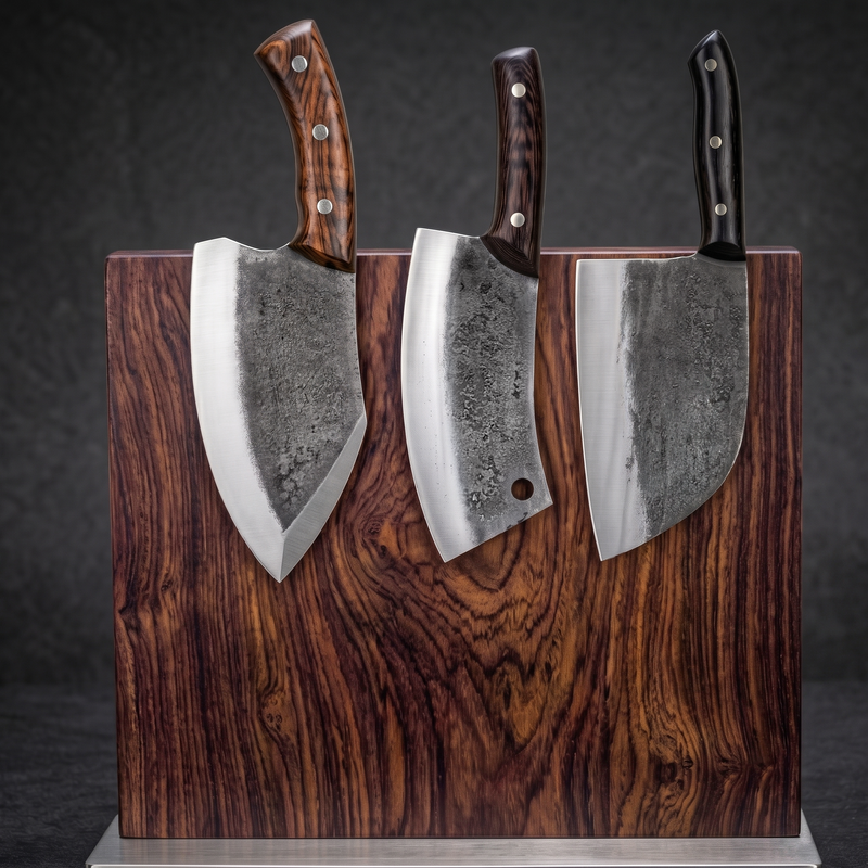 Butcher's Trio of three hand forged cleavers standing on a wooden stand