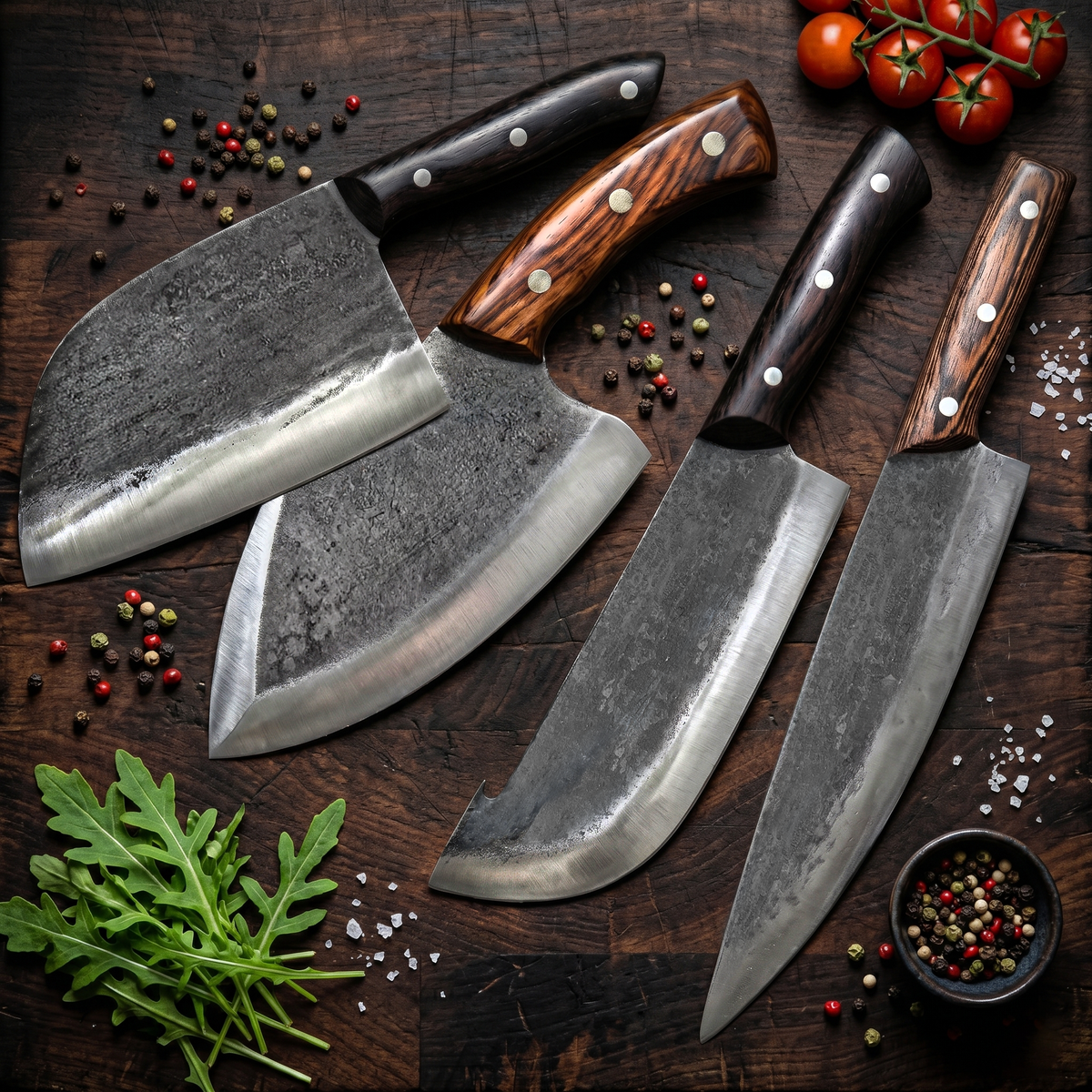 Mastercraft 4 piece hand forged chef knife and cleaver set in high carbon steel