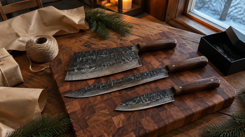 Hand forged high carbon steel kitchen knives on a cutting board with kraft paper and twine for Christmas gifts