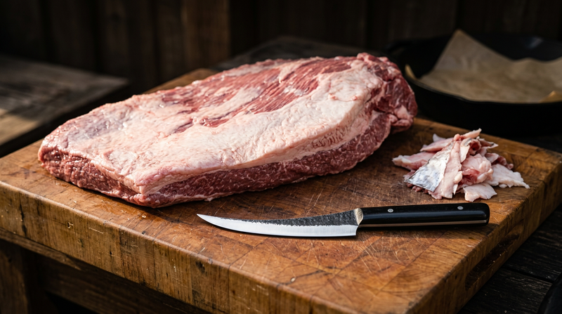 Mako hand forged boning knife beside a raw packer brisket with the fat cap trimmed