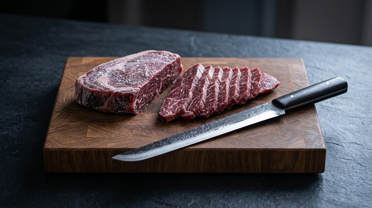 Mamba hand forged slicing knife beside a partly frozen steak and thin slices for stir fry