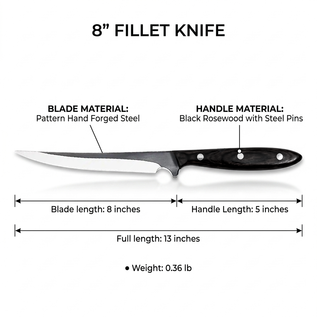 Barracuda 13 inch fish fillet knife showing the full 8 inch hand forged blade