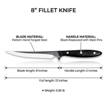 Barracuda 13 inch fish fillet knife showing the full 8 inch hand forged blade
