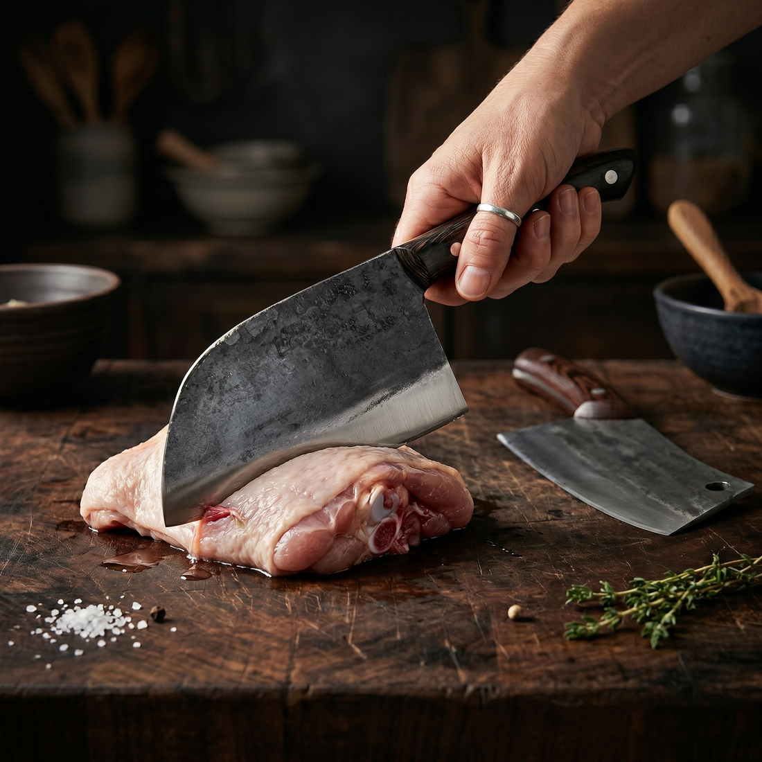 Aurochs hand forged cleaver showing the spear point profile and raw forge scale finish
