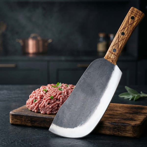 Grizzly 8.7" Hand Forged Meat Cleaver, Stainless Steel, Olive Wood Handle