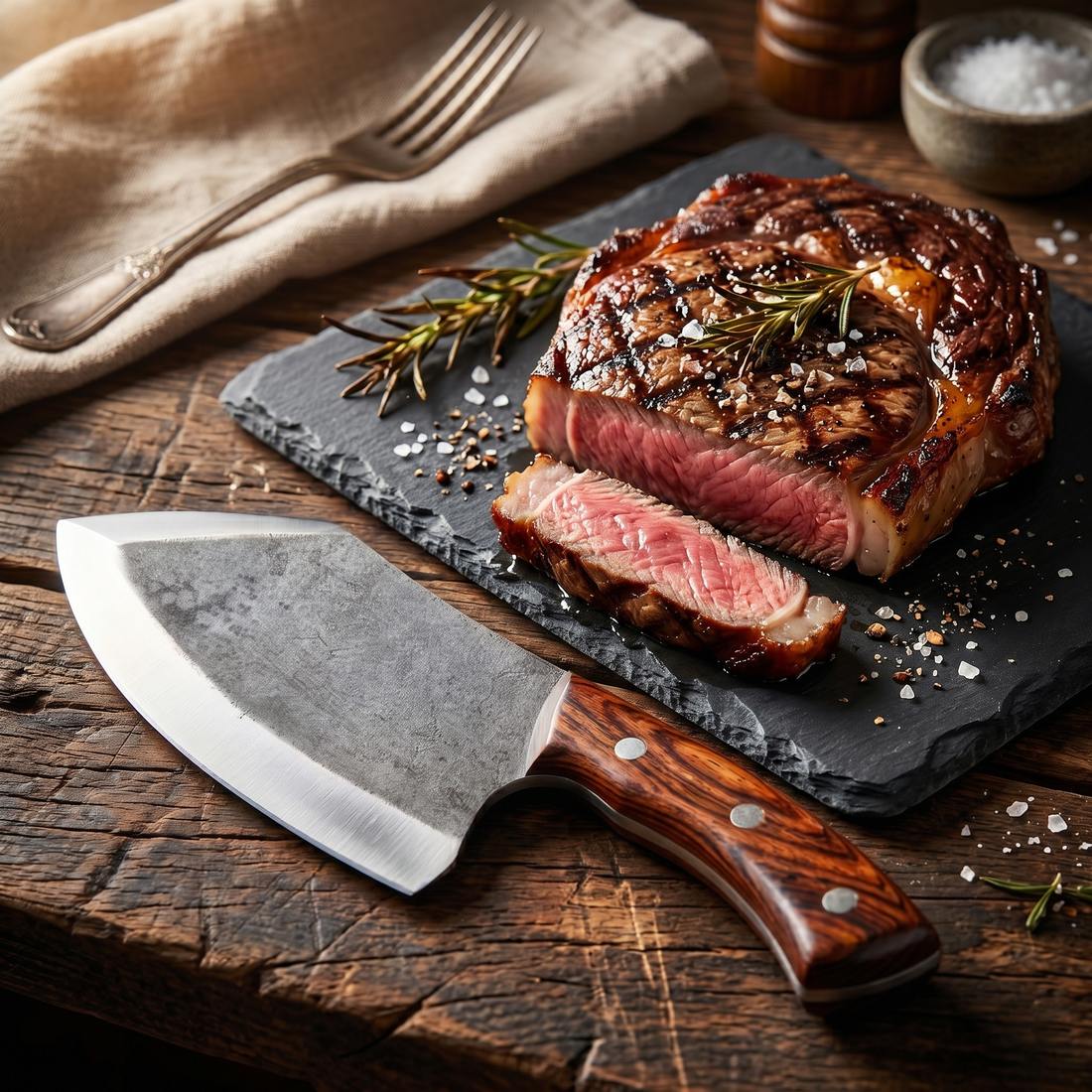 Kodiak 8 inch drop point cleaver for brisket and BBQ, hand forged with rosewood handle