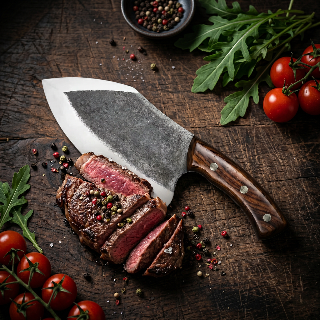 Kodiak high carbon steel cleaver with polished edge and rosewood handle, angled view