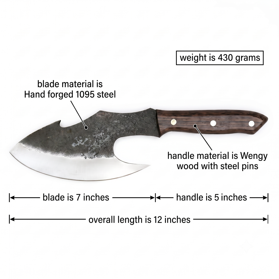 Megalodon 6.6 inch meat cleaver shown with blade measurements, raw forge scale finish