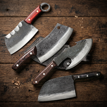 4 piece hand forged chef knife and cleaver set in high carbon steel, full set view