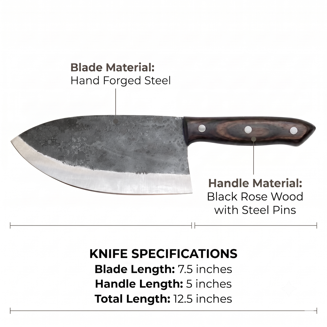 Hand forged 7.5 inch butcher cleaver with blade and handle measurements shown