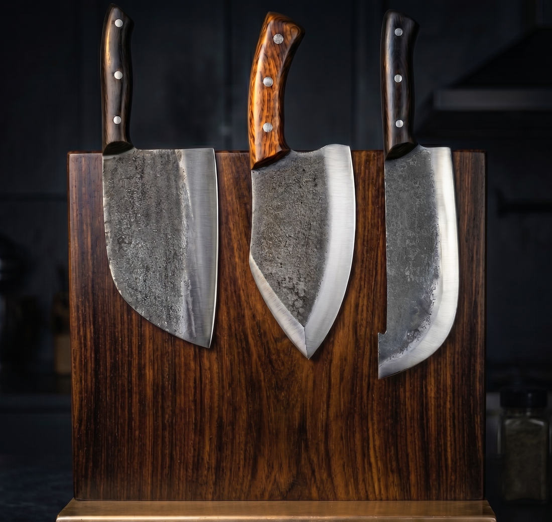 Meat Lover's Set hand forged BBQ knives pictured on a wooden stand, high carbon steel