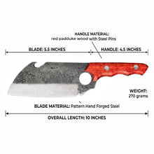 Small hand forged cleaver with finger hole and red Padauk wood handle, side view