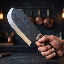 Rhino hand forged cleaver with walnut wood handle, side view of the blade