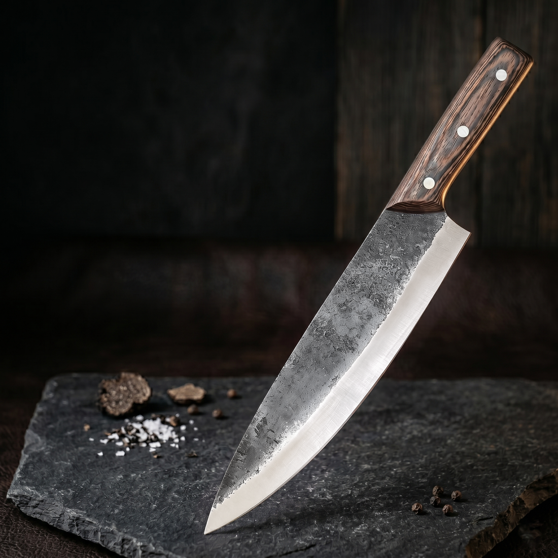 Ironclad 8.7 inch hand forged chef knife with hand hammered spine, main photo