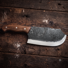 Rhino handmade cleaver knife, angled view of the deep belly and polished edge