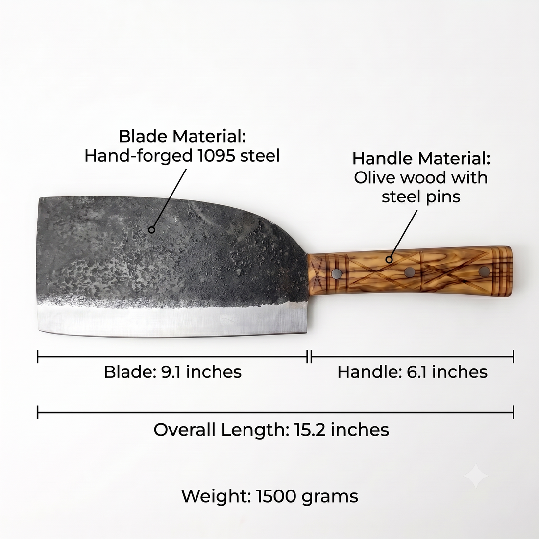 Mammoth hand forged cleaver shown mincing meat, heavy high carbon steel blade