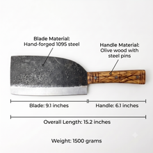 Mammoth hand forged cleaver shown mincing meat, heavy high carbon steel blade