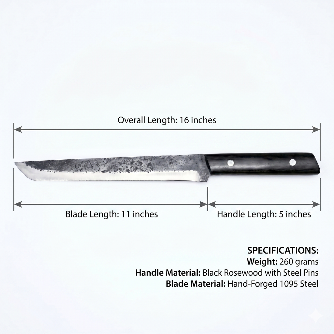 Mamba hand forged slicing knife with black handle and forge scale blade flats
