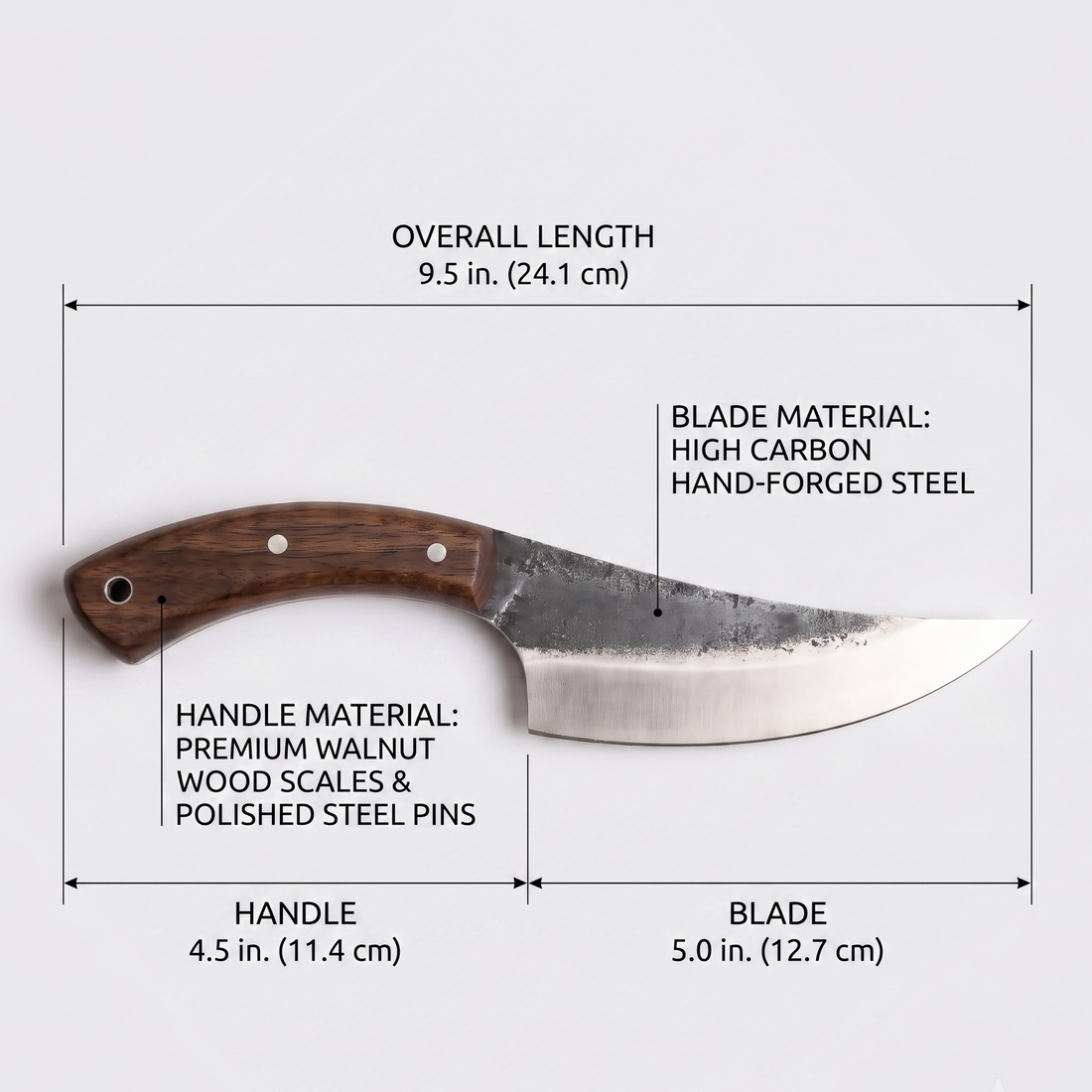 Hellfang 5 inch hand forged butcher knife with blade measurements shown on the image