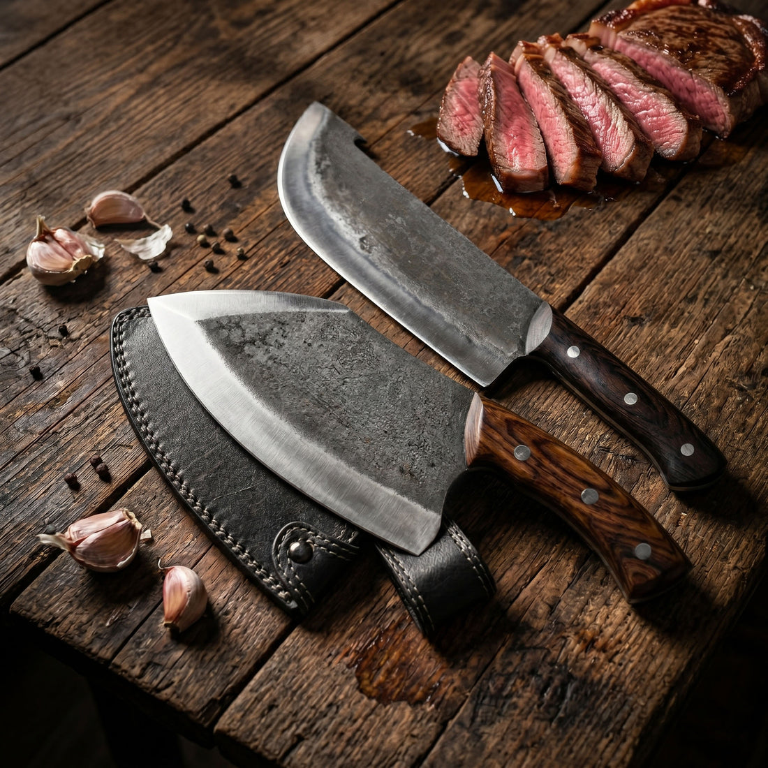 Meat Lover's Set hand forged knives with cleaver, forge scale finish on the blades