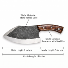 Kodiak 8 inch cleaver shown with measurements, drop point high carbon steel blade