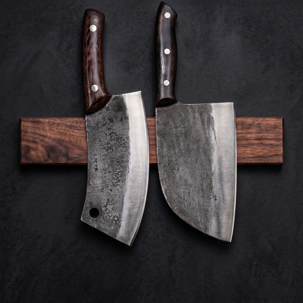 Chef's Kiss hand forged Serbian chef knife displayed on a wall rack